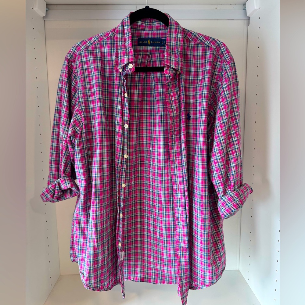 Hot Pink Plaid Ralph Lauren Button Down Collared Shirt